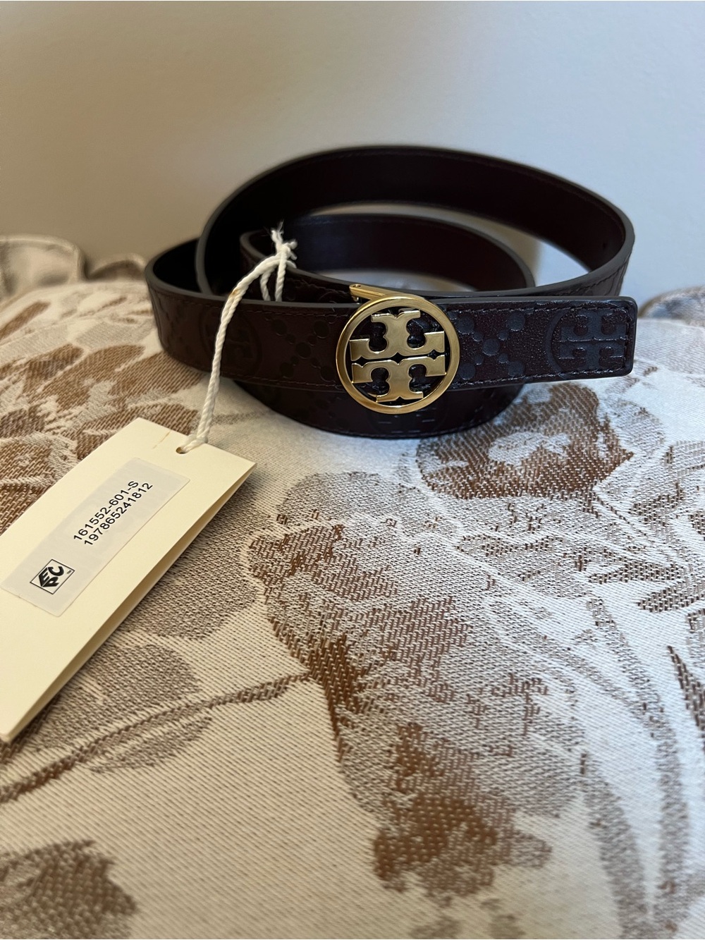 NWT Tory Burch 1" Miller T Monogram Leather Belt - Maroon / Gold (Size S)